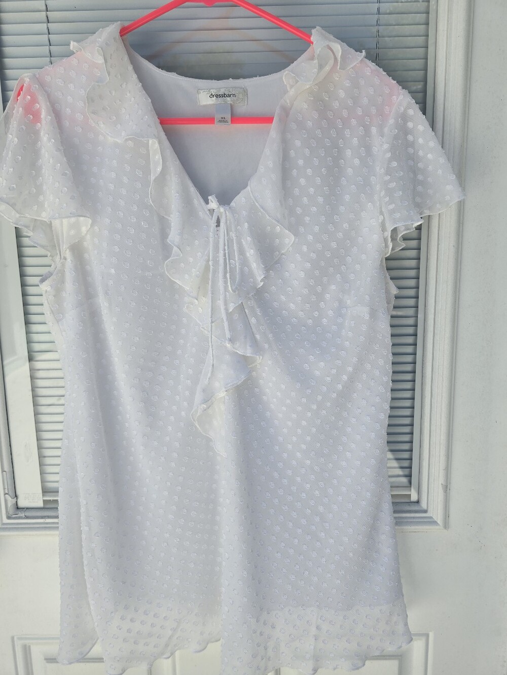 Dressbarn White Ruffle Swiss Dot Tie-Front Blouse